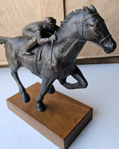 Antique Austin Sanfilippo Bronze Sculpture Race Horse Jockey Statue Wooden Base - Picture 8 of 14