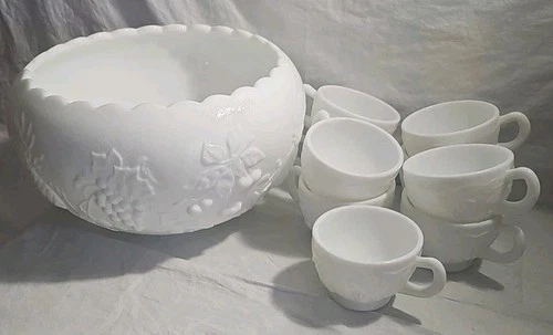 Vintage Westmoreland Milk Glass Three Fruit Pineapple Punch Bowl Set 8 Cups