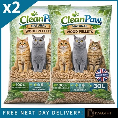 2 x CLEAN PAWS CAT LITTER NATURAL WOOD PELLETS 30L ODOUR ABSORBENT BIODEGRADABLE - Image 1 of 4