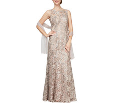 Alex Evenings Women's Long Mother of the Bride Dress with Shawl, Champagne, 4R