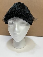 Vintage Women's 1950s- 60's Black Velour Hat w/ Matching Netting Veil Union made