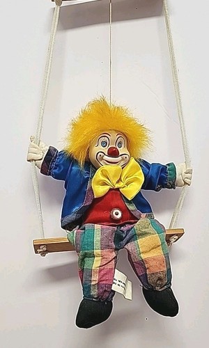 Circus Clown String Marionette Puppet on Swing Porcelain Head 22" Vintage - Picture 1 of 2