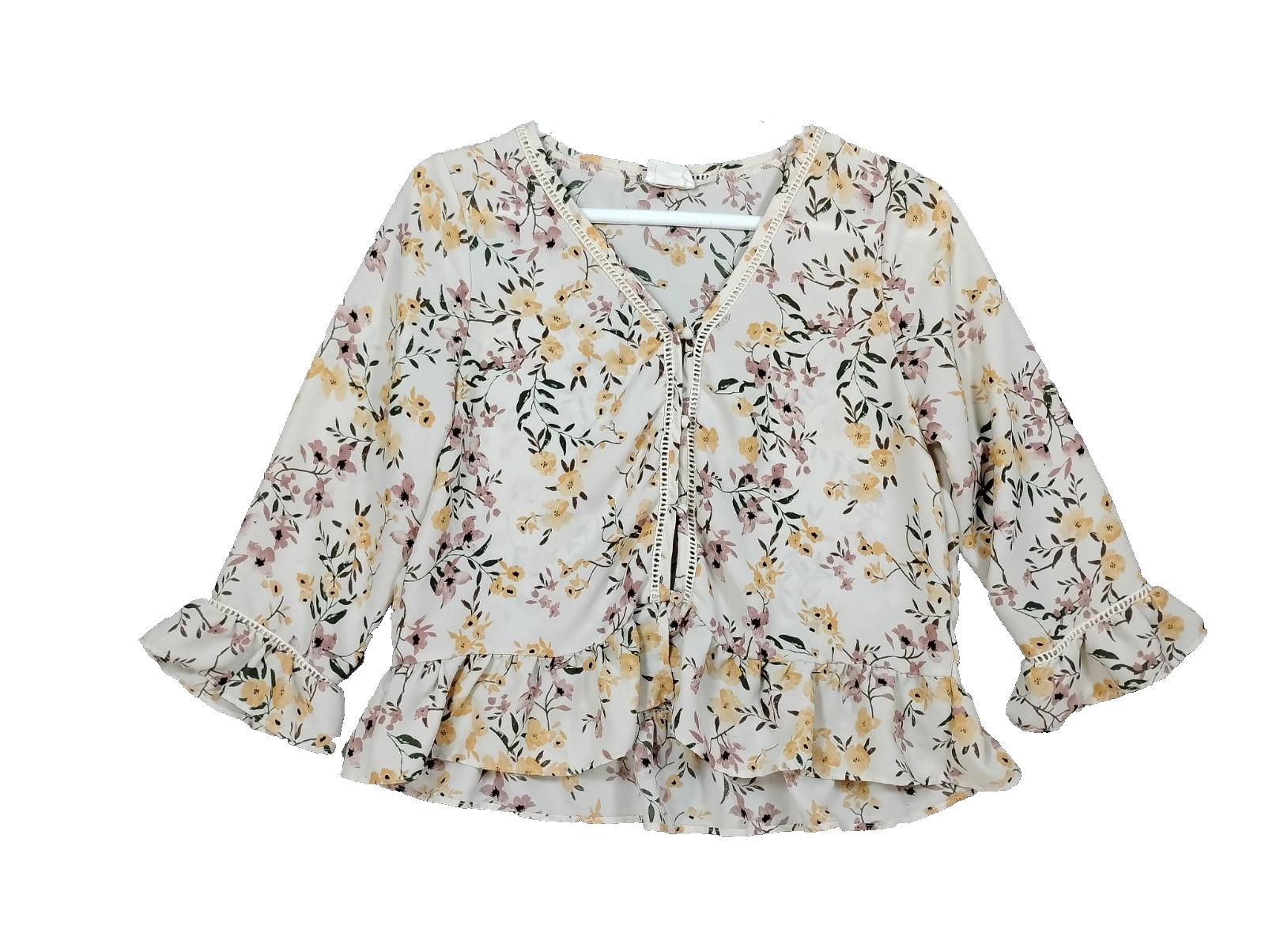 Sienna Sky Women's Small Floral Peplum V-Neck 3/4 Sleeve Crochet Blouse Top