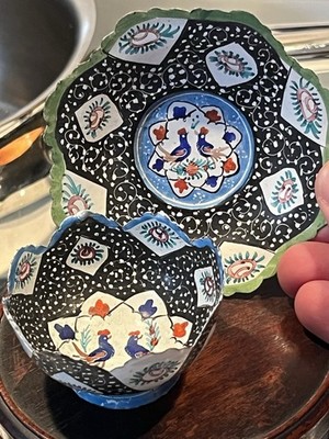 Vintage PERSIAN / TURKISH Black & Multicolor Metal Enamel Bowl Plate