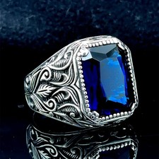 Men Blue Sapphire Ring 925 Sterling Silver Ottoman Turkish Handmade Gift