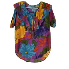 Gitano Vintage Colorful Floral Top With Ruffled Neck *flaws*