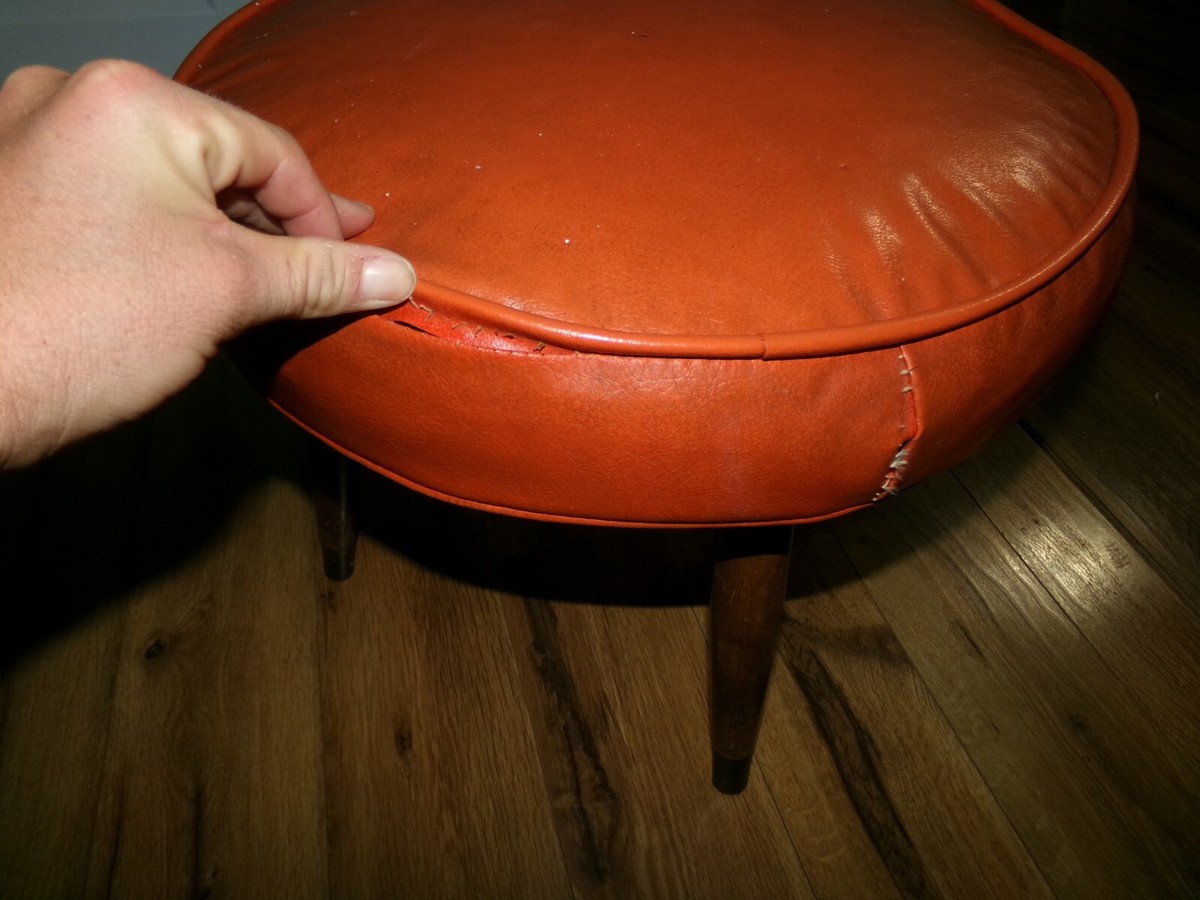 Antique VTG Footstool Ottoman Mid Century Modern Round Orange