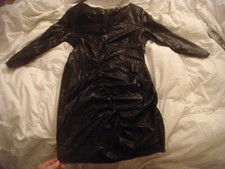 Zara womens M black faux leather rouched 3/4 sleeve mini dress v-neck