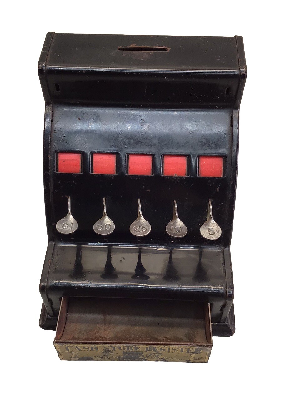 как выглядит VTG Durable Toy Novelty Co Store Cash Register Metal Coin Bank c1930s фото