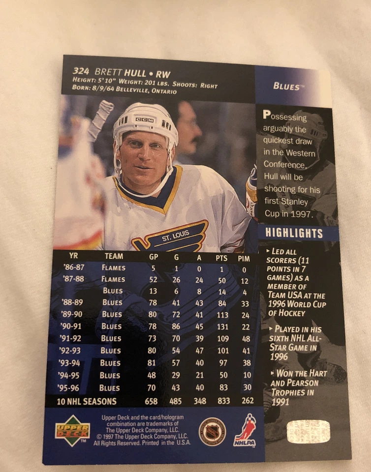 1996-97 Upper Deck #324 Brett Hull St. Louis Blues Hockey Card - Image 2 of 2