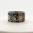 Siam Sterling Silver Nellioware Enamel Tulip Flower Heart Cigar Band Ring Vtg