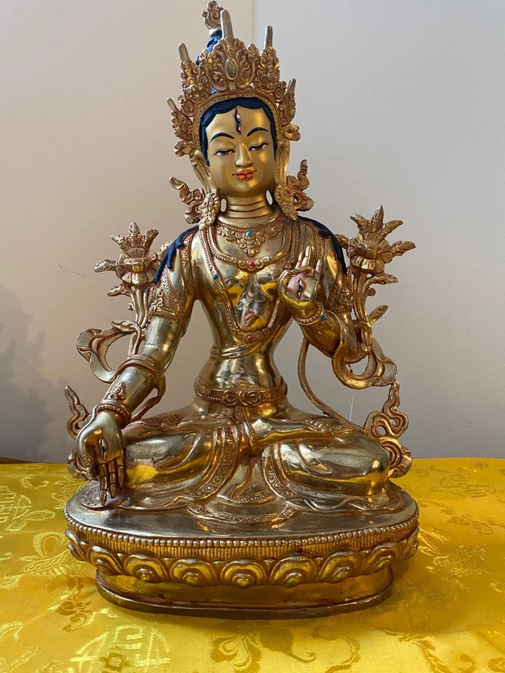 Hermosa estatua de Tara budista tibetana dorada de 13,5" - Hecha a mano en Nepal Foto 3 de 4