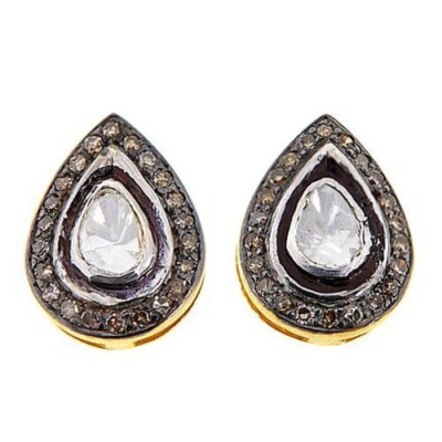 HSN Joya Two-Tone Sterling Silver Polki Diamond Pear-Shaped Stud Earrings