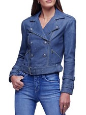 L'agence Billie Women's Belted Lamb Leather Biker Moto Jacket Indigo Size S