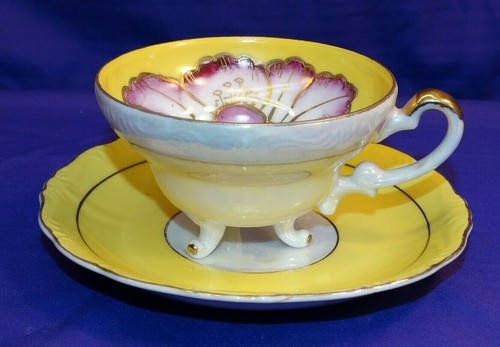 VINTAGE KASUGA WARE CHINA CUP SAUCER SET YELLOW & PEARLESCENT LARGE PINK POPPY - Picture 2 of 7
