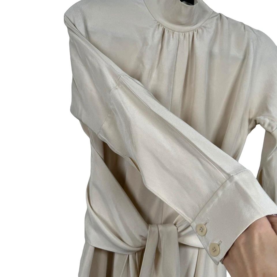 Vestido TIBI Tie-Belt Crema/Beige Para Mujer Talla 4 Manga Larga, Cuello Simulado 100% Seda Foto 3 de 4