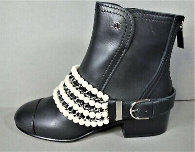 CHANEL+39.5+Black+Leather+Pearls+Bootie+Short+Ankle+Boots+Biker+