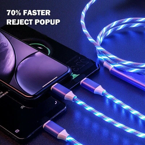 Wholesale 3 IN 1 Flowing LED Light Fast Charging Cable USB Cord For iPhone Bulk - Picture 3 of 20