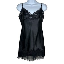 Frederick's of Hollywood Chemise Small Black Lace Trim Satin Nightie Lingerie