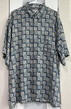 Pierre Cardin Mens XL Blue Geometric Button Up Shirt 100 Rayon Short Sleeve.