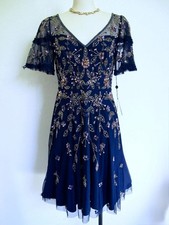 NWT Adrianna Papell Beaded Cocktail Party Dress 4 Navy Blue Beads Sequins Floral