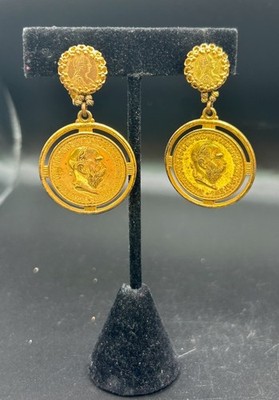 VINTAGE MIRIAM HASKELL SCREW BACK EARRINGS DANGLING COIN GOLD TONE SIGNED