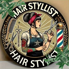 Hair Stylist Retro Barber Pole Tools Tin Metal Signs Home Décor Wall Art 8x8 