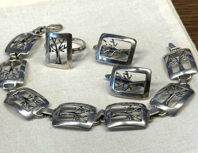 Set Lebensbaum Armband Ohrringe Ring echtes Silber