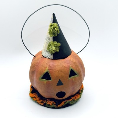 Bethany Lowe Paper Mache Silly Jack O Lantern Bucket w Removable Cone Party Hat