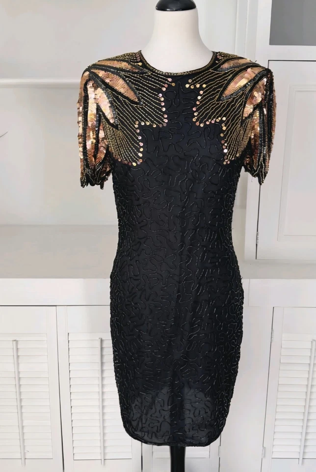 Stenay Vintage Beaded Silk Dress 2 Petite 80s Glam Sequins Party Flapper Gatsby - Image 2 of 4