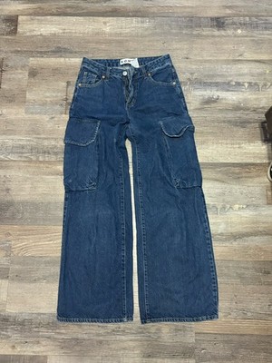 Cotton On Cargo Wide Leg Jeans Womens 0 Blue Dark Wash Baggy Denim Cargo Pockets