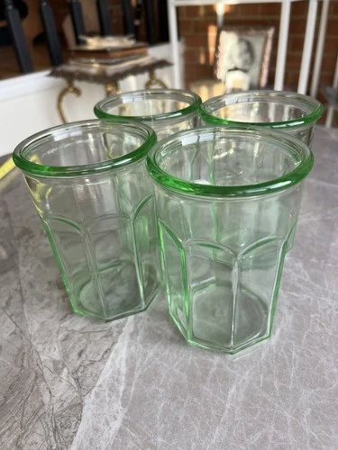VINTAGE 4 PC SET OF ANCHOR HOCKING GREEN GLASS 8 PANEL TUMBLERS 20 OZ, STURDY!