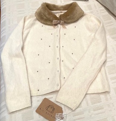 KC Parker Sweater Girls M Angora Lambswool Beaded Removable Faux Fur Collar NWT