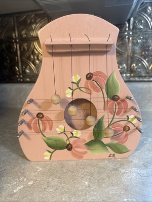 Vintage Wooden Wall Dulcimer hand painted Carved harp 1982 Stamped.
