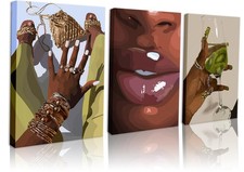 Black Girl Wall Art Framed Set of 3 - African Woman Canvas Home Decor Woman W...