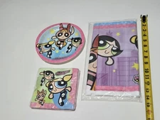 Vtg Powerpuff Girls Napkins, Plates & Tablecover Birthday Party Supplies 1999