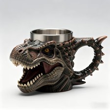 Dinosaur Head Mug Stainless Steel Lined Resin T-Rex Coffee Cup Novelty Gift NEW