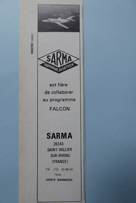 9/1977 PUB SARMA SAINT VALLIER SUR RHONE DASSAULT FALCON 10 ORIGINAL FRENCH AD