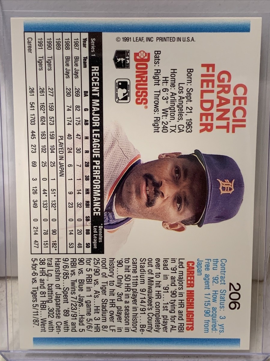 1992 Donruss Cecil Fielder #206 ERROR CARD - No DOT After 