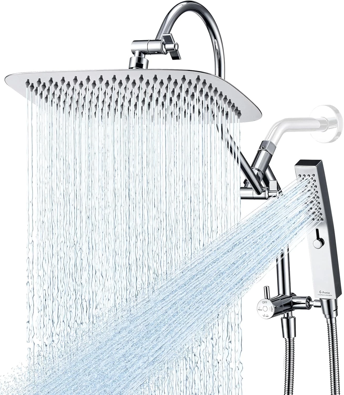 12" Chrome Rain Shower Head with Handheld Massage Spray & Adjustable Arm