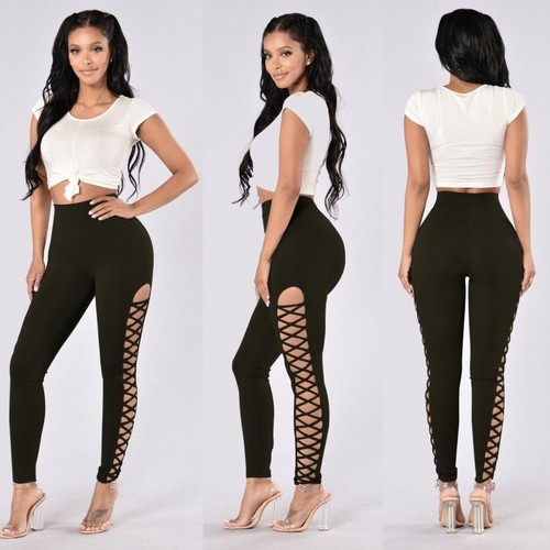 Sexy Pantaloni aperti aderenti Lacci Incrociati Stringhe Skin Lace-Up  Leggings M | eBay