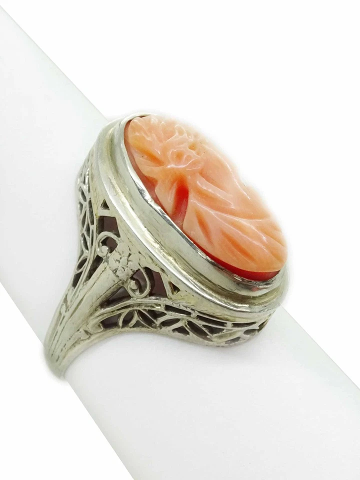 Anillo Filigrana Camafeo Coral Salmón Oro Blanco 18k Talla 5.75 Foto 2 de 4