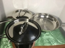 5 Piece Cuisinart Stainless Steel Cookware Saucepans & Skillet 2 Lids Very Good