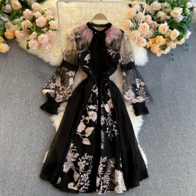 Women Embroidery Mesh Midi Dress Long Puff Sleeve Sheer Feather Floral  Elegant | eBay