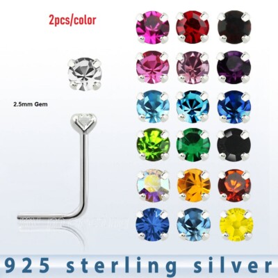 2pcs. 22g 1.5mm Prong Set C.Z .925 Sterling Silver L-Shaped Nose Stud
