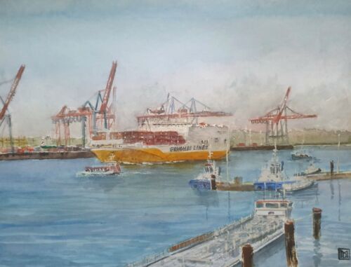 Immagine - acquerello - immagine - porto - originale - Amburgo - 24 x 32 cm - Foto 1 di 6
