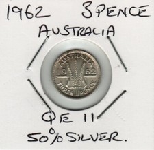 Australian 1962 QE11 3 Pence --- 50% silver ..... Circulated condition.