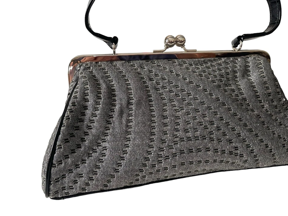 Glenda Gies Gray Black Jackie Purse Abstract Pattern Handbag Polka Dot Inside - Image 3 of 4