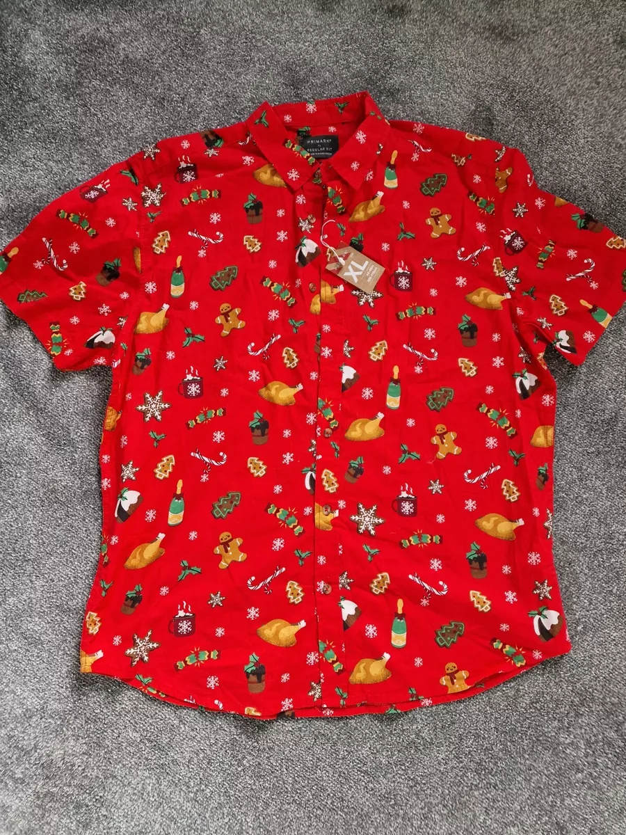 primark mens red christmas collared short sleeve shirt gimmick