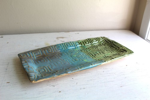 Studio Art Pottery Hand Built Slab Tray Platter MCM Blue Green Incised Geometric - Picture 2 of 8